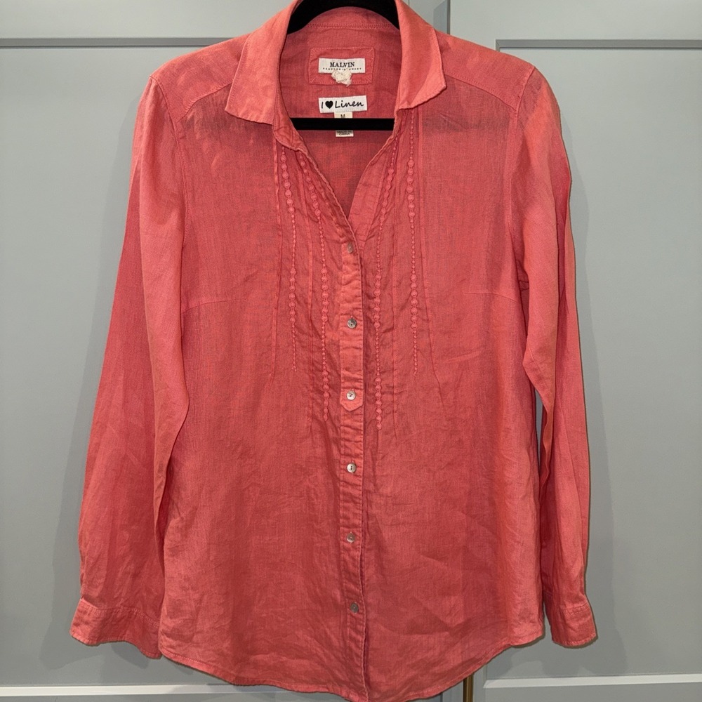MALVIN Salmon Pink 100% Linen Embroidered Pleated Button Up Blouse Shirt Size M